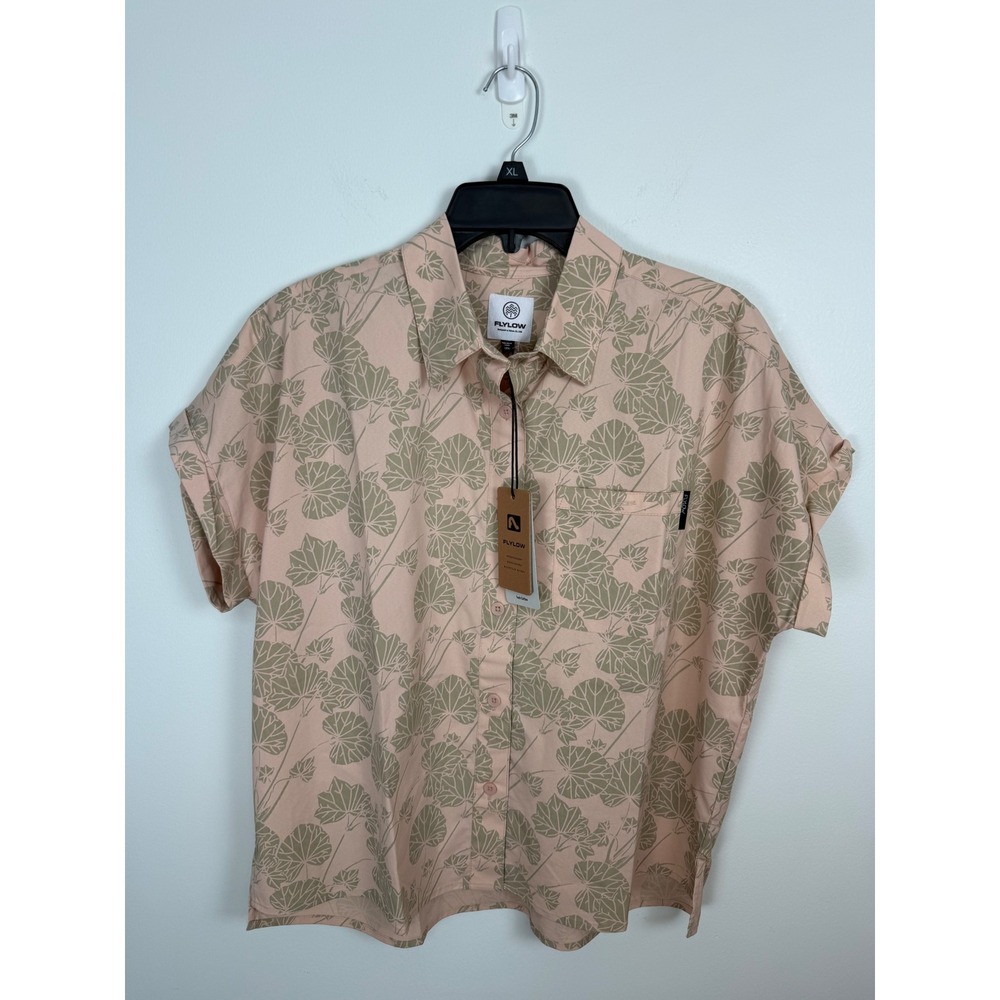Flylow Women Tech Cotton Short Sleeve Button Up Shirt Peach Green Leaf Print M